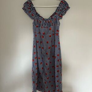 XS Urban Outfitters Navy Gingham Midi Dress with Red Strawberry Print